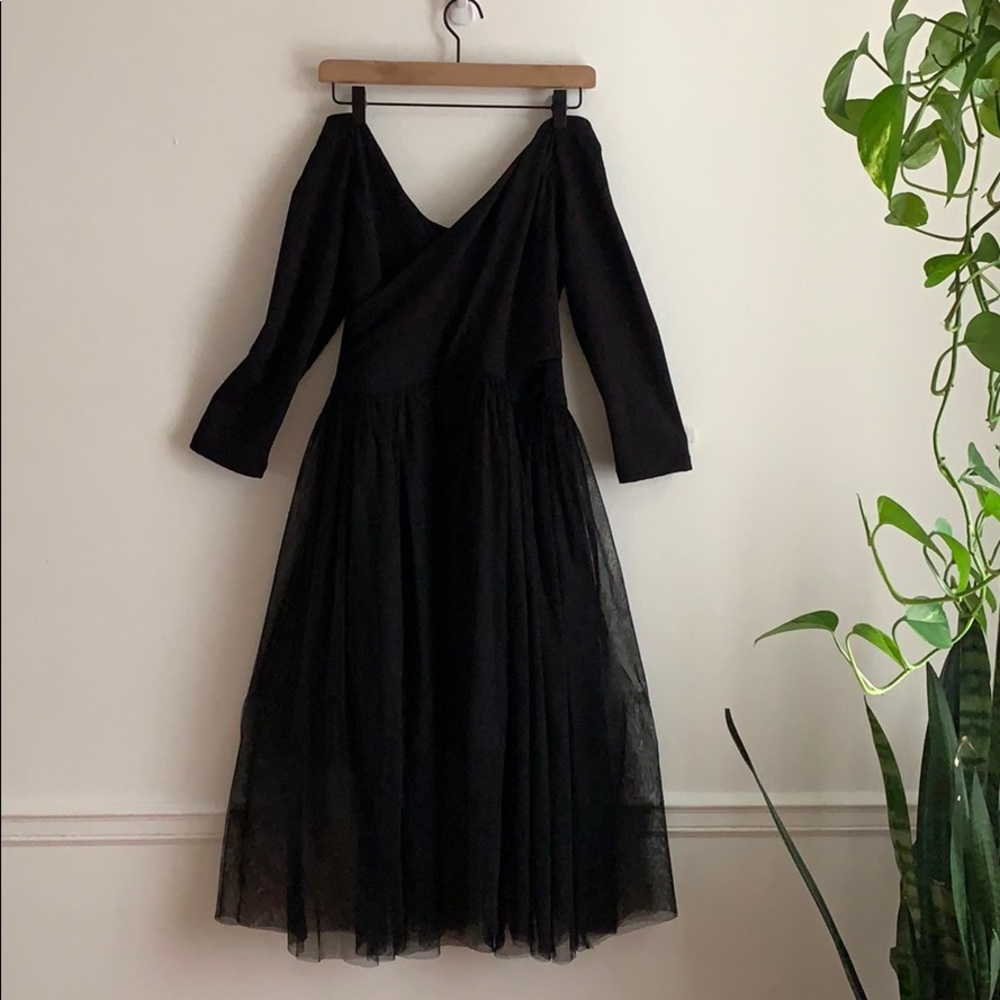 Off the shoulder midi dress with tulle skirt